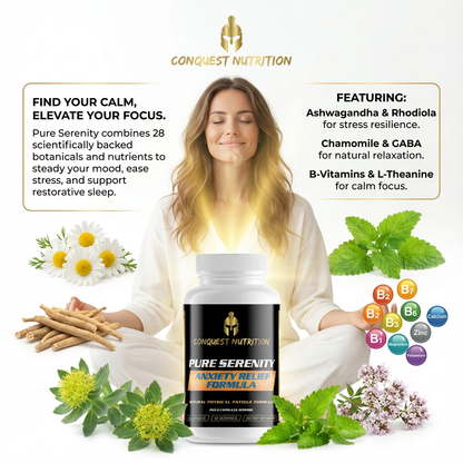 Advertisement for Conquest Nutrition Pure Serenity supplement with a woman and natural elements.