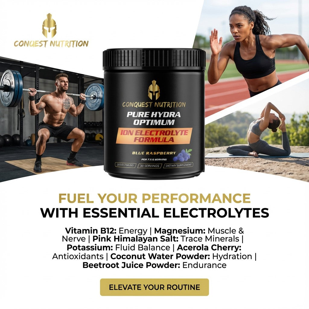 Conquest Nutrition electrolyte powder with athletes in the background