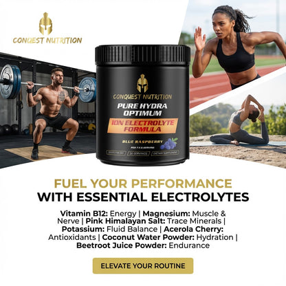Conquest Nutrition electrolyte powder with athletes in the background