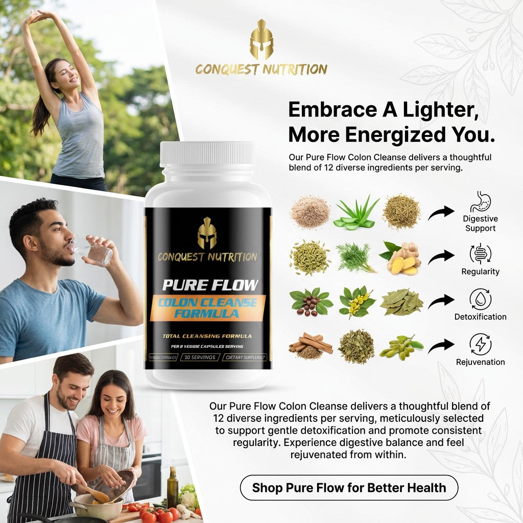 Conquest Nutrition Pure Flow Colon Cleanse supplement with lifestyle images and product details.