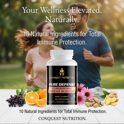 Conquest Nutrition Pure Defense supplement bottle with a blurred background of a couple exercising outdoors.