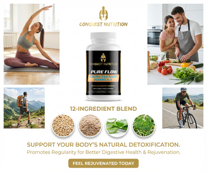 Advertisement for Conquest Nutrition Pure Flow product with lifestyle images and product details.