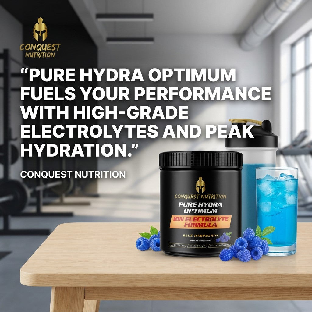 Conquest Nutrition Pure Hydra Optimum supplement on a table with a gym background