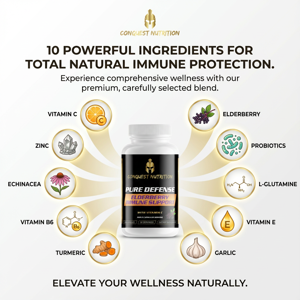 Conquest Nutrition immune support supplement with ingredients listed on a white background