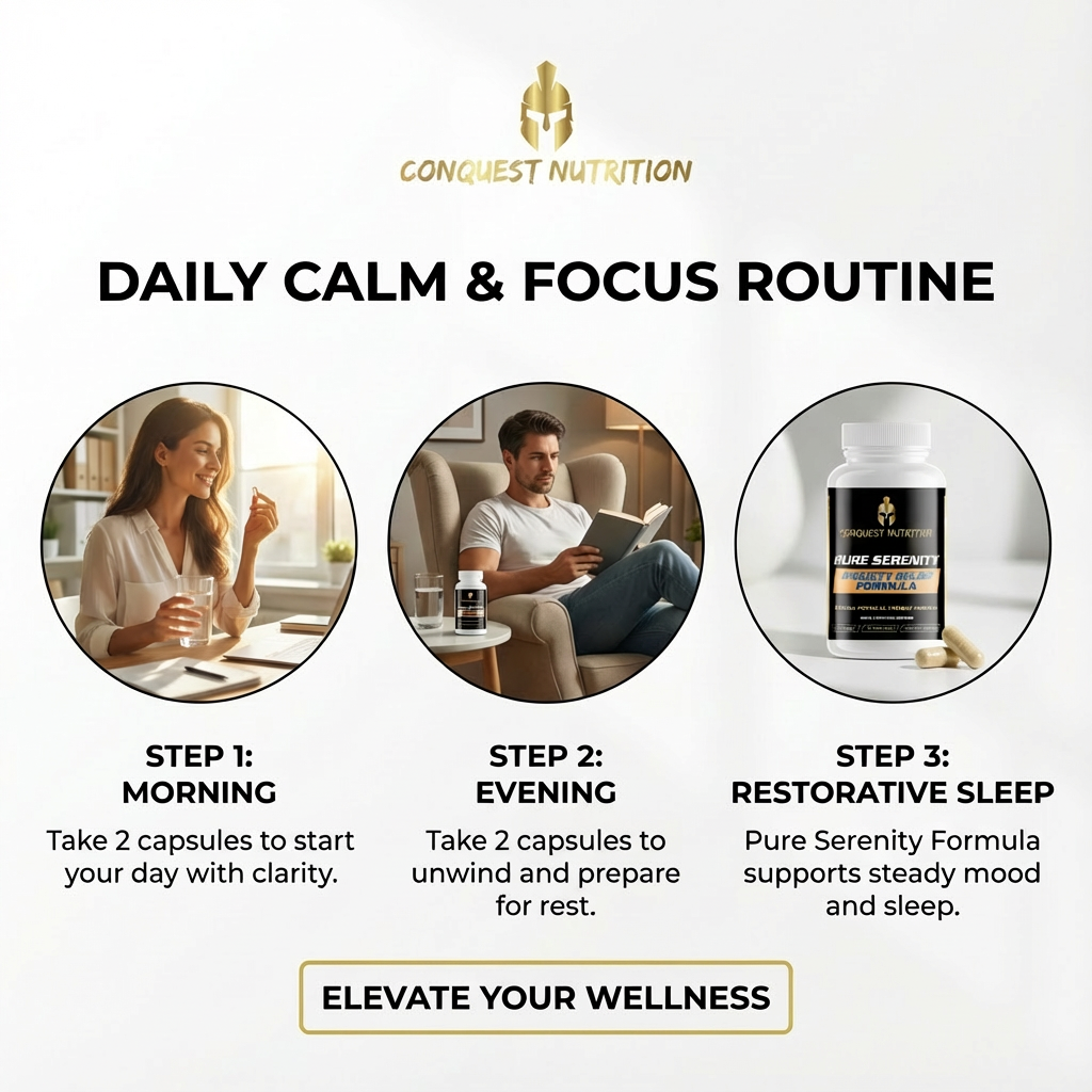Advertisement for Conquest Nutrition daily calm and focus routine with images of a woman, man, and supplement bottle.