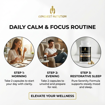 Advertisement for Conquest Nutrition daily calm and focus routine with images of a woman, man, and supplement bottle.