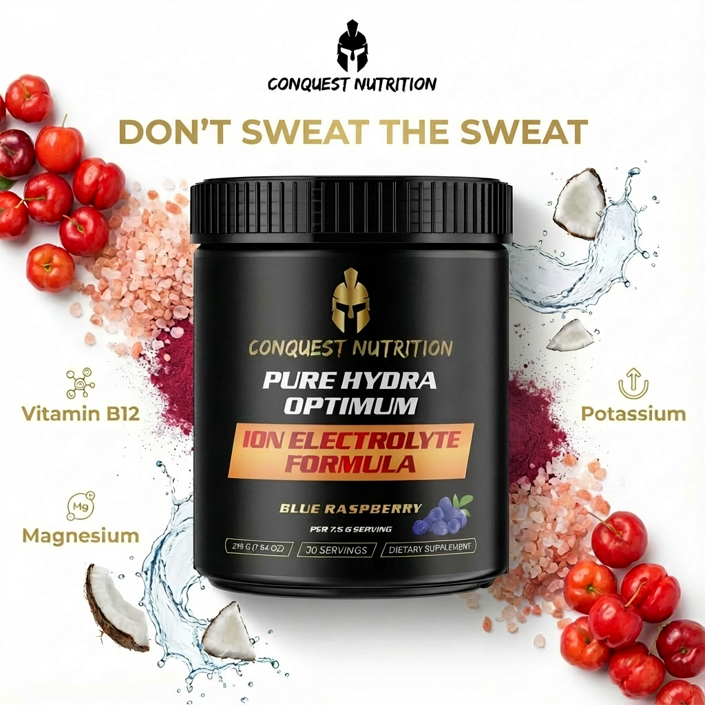 Conquest Nutrition Pure Hydra Optimum supplement container with ingredients and branding on a white background