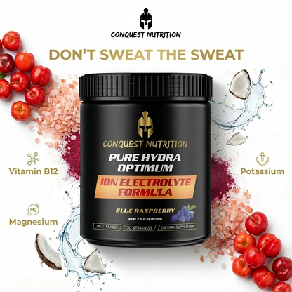 Conquest Nutrition Pure Hydra Optimum supplement container with ingredients and branding on a white background