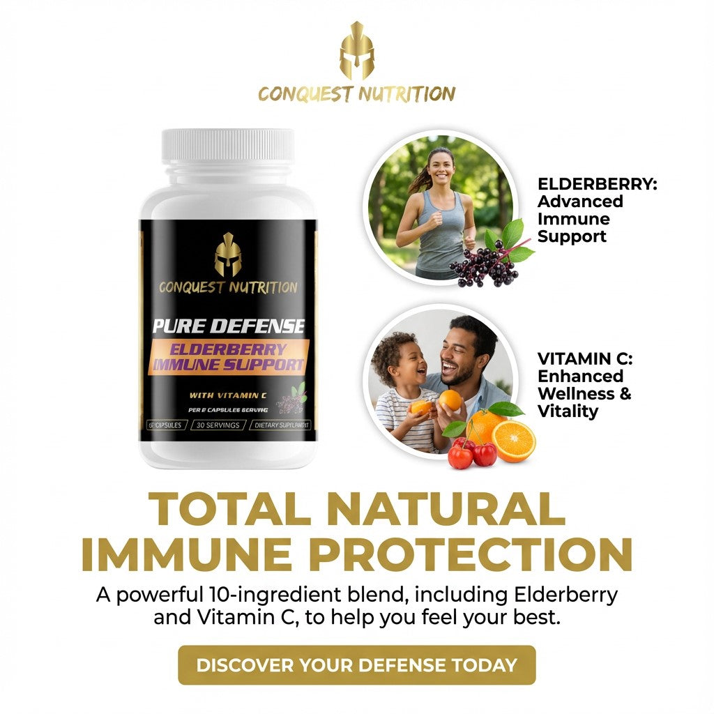 Conquest Nutrition Pure Defense supplement bottle with health benefits and images of a woman, child, and man on a white background.