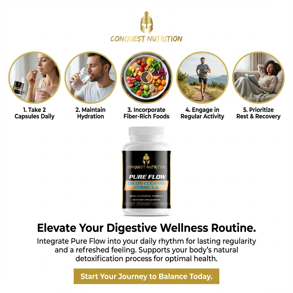 Advertisement for Conquest Nutrition Pure Flow product with lifestyle images and text on a white background.