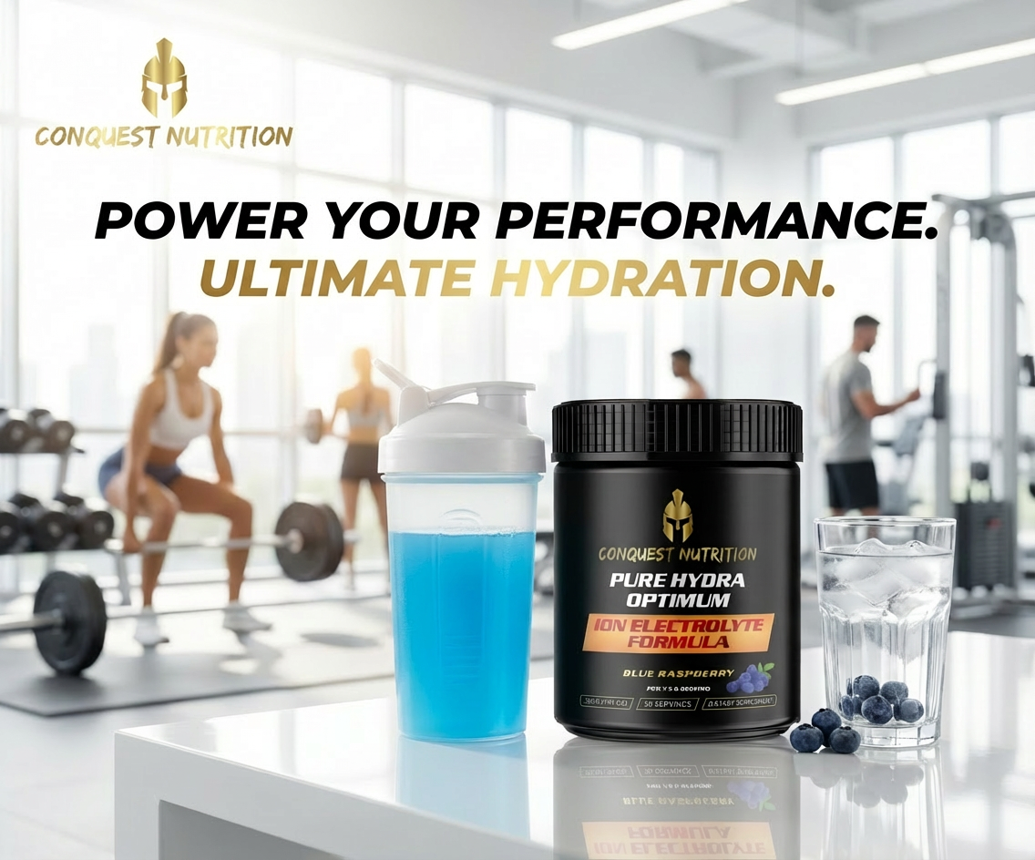 Conquest Nutrition supplement container with blue liquid shaker and glass of water in a gym setting.