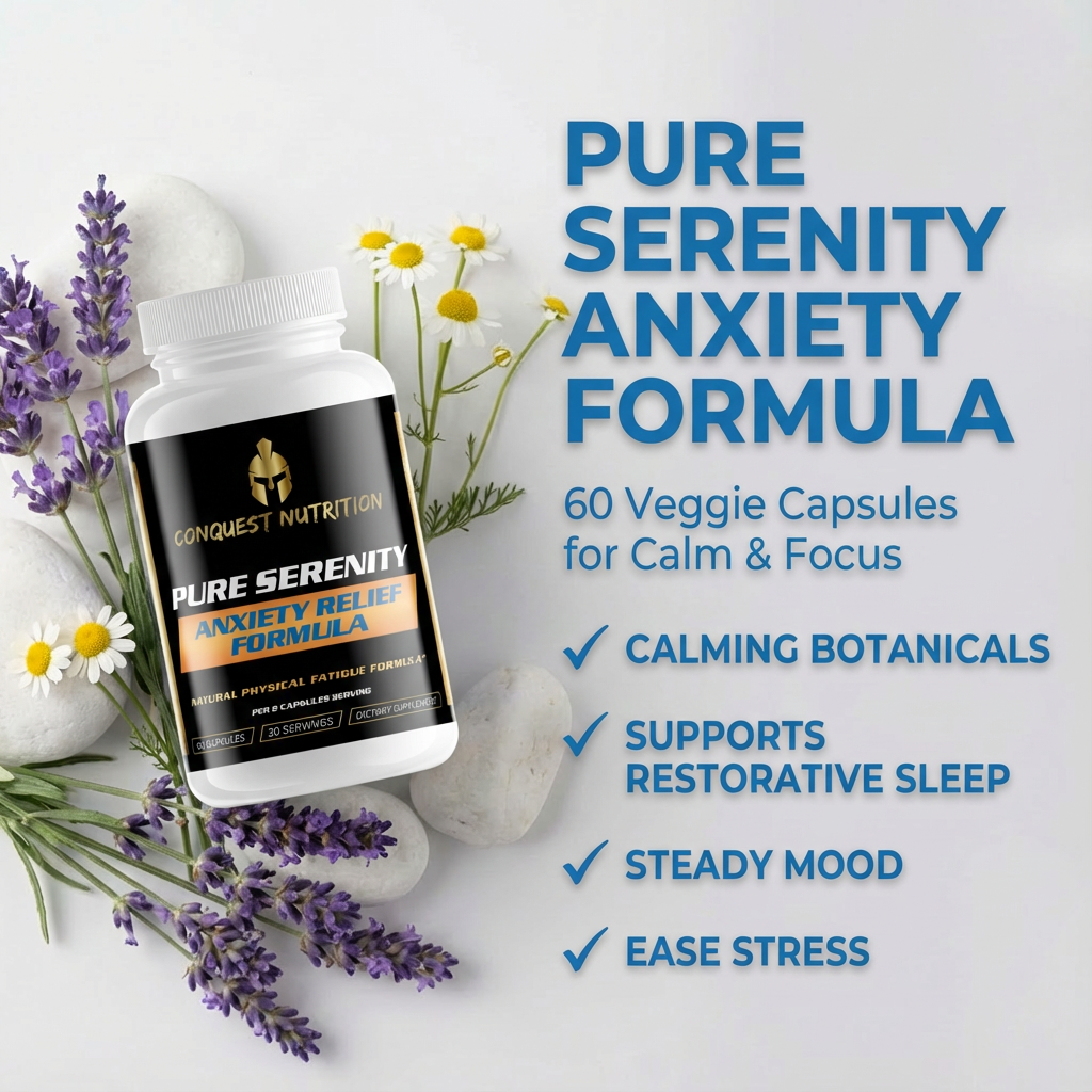 Conquest Nutrition Pure Serenity Anxiety Formula bottle with lavender and stones on a light background