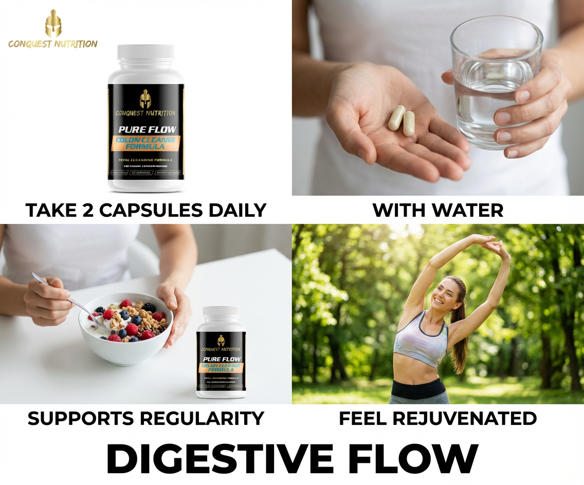 Promotional image for Conquest Nutrition Pure Flow supplement with lifestyle images and text.
