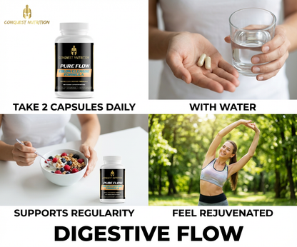 Promotional image for Conquest Nutrition Pure Flow supplement with lifestyle images and text.