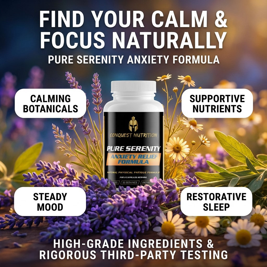 Conquest Nutrition Pure Serenity Anxiety Relief Formula with calming botanicals and supportive nutrients, surrounded by flowers.
