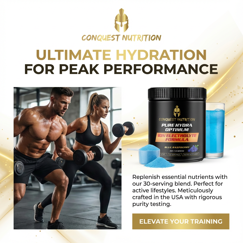 Advertisement for Conquest Nutrition supplement with two people exercising in a gym setting.