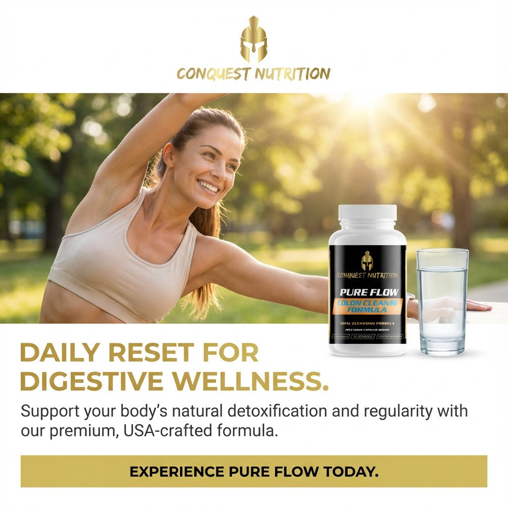 Woman exercising outdoors with Conquest Nutrition supplement and water bottle in foreground