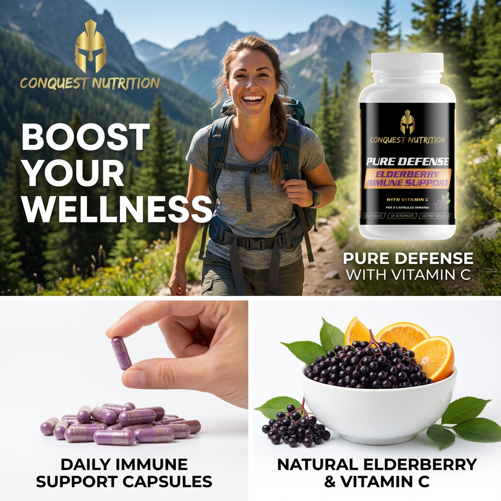 Advertisement for Conquest Nutrition immune support supplement with a woman hiking in nature.