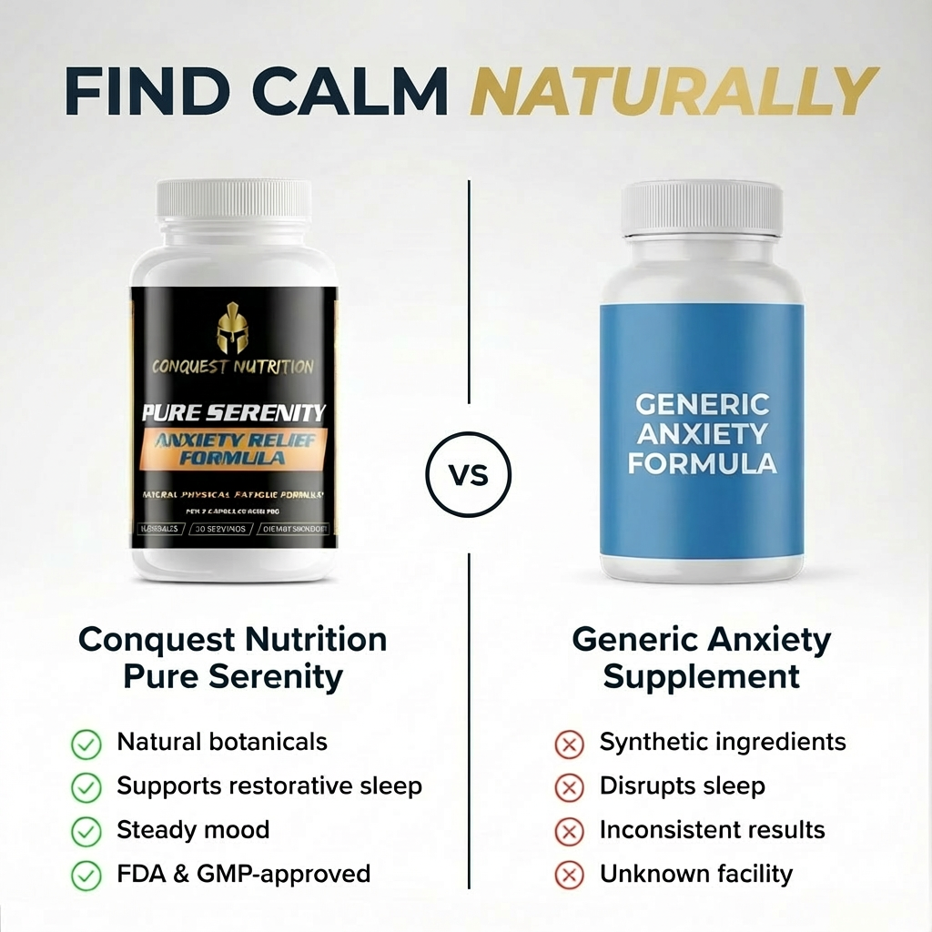 Comparison between Conquest Nutrition Pure Serenity and a Generic Anxiety Formula on a light gray background.