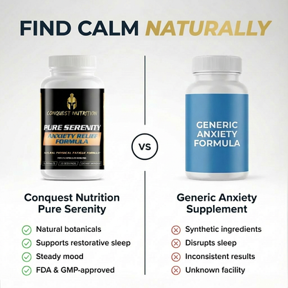 Comparison between Conquest Nutrition Pure Serenity and a Generic Anxiety Formula on a light gray background.