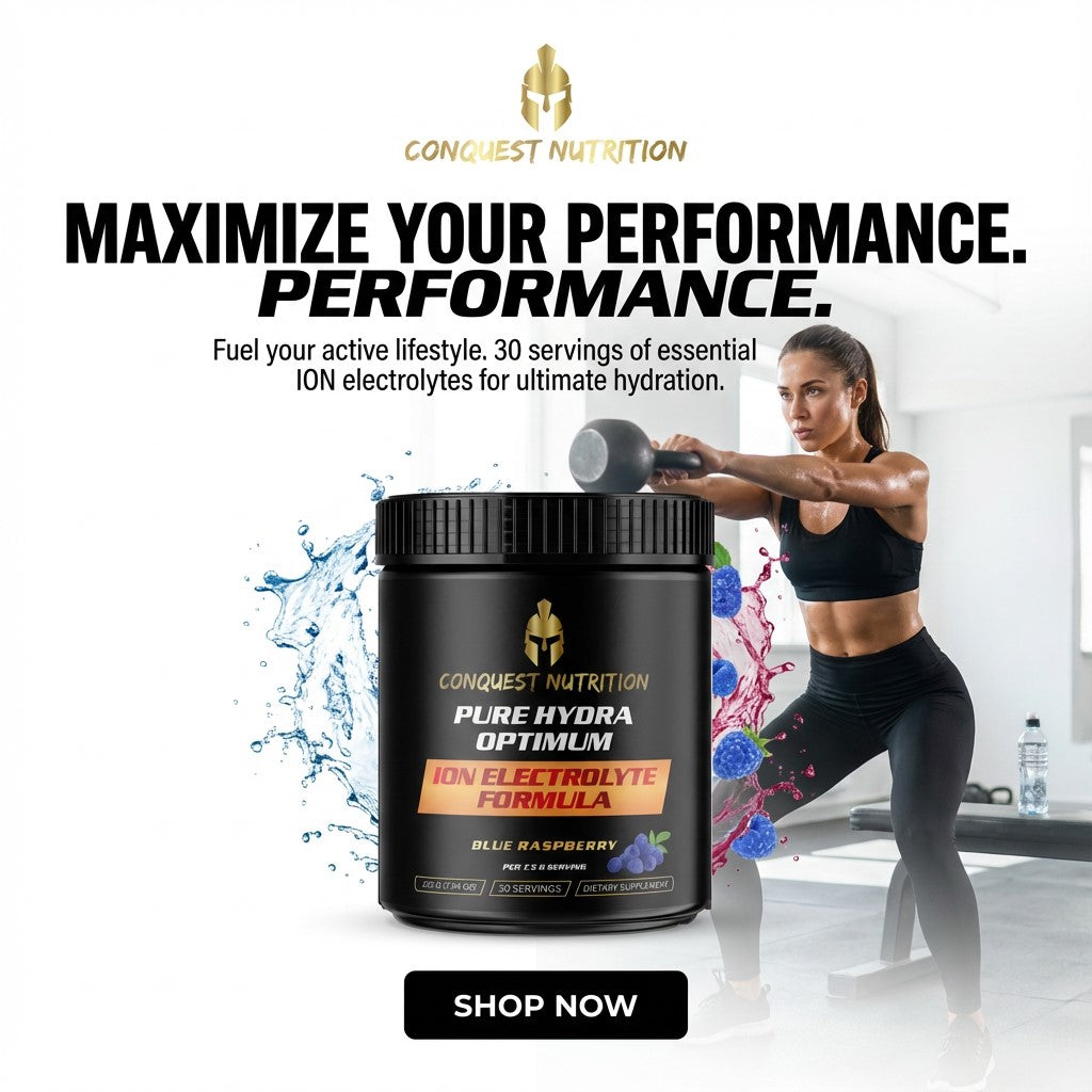 Conquest Nutrition supplement container with a woman exercising in the background