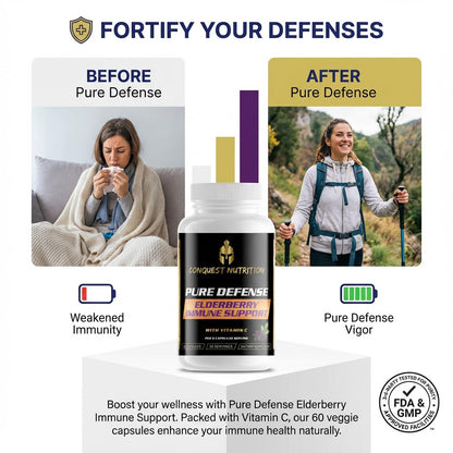 Advertisement for Pure Defense Elderberry Immune Support with before and after images of a person.