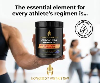 Person holding a Conquest Nutrition supplement container with text about athletes' regimens.