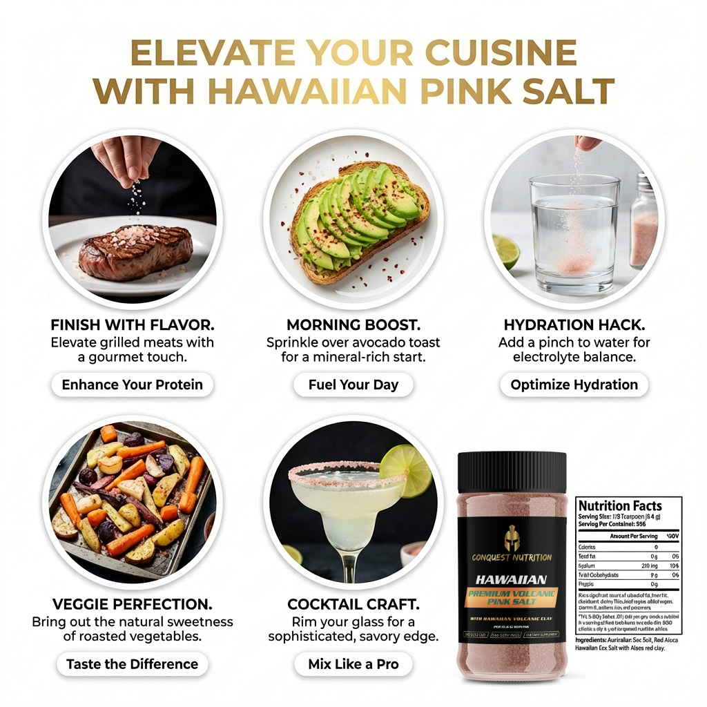 Advertisement for Hawaiian pink salt with its uses in cooking and health benefits.