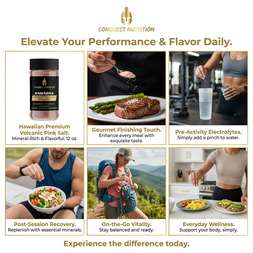 Advertisement for Conquest Nutrition products with images of people using the products and text highlighting their benefits.