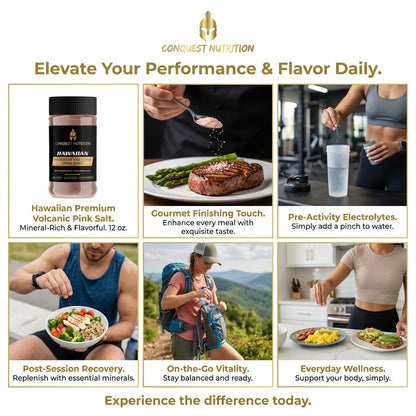 Advertisement for Conquest Nutrition products with images of people using the products and text highlighting their benefits.