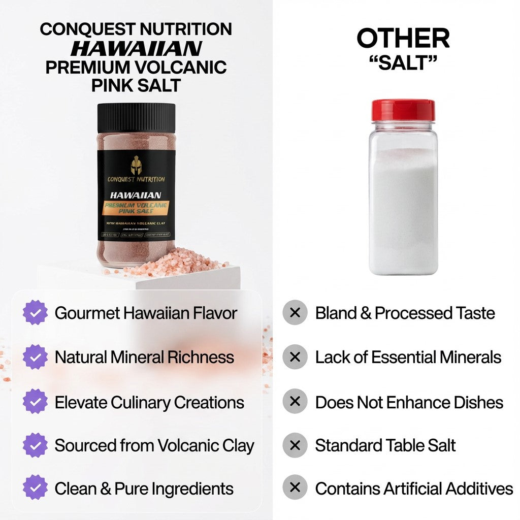 Comparison of Conquest Nutrition Hawaiian Premium Volcanic Pink Salt with 'Other Salt' on a white background.