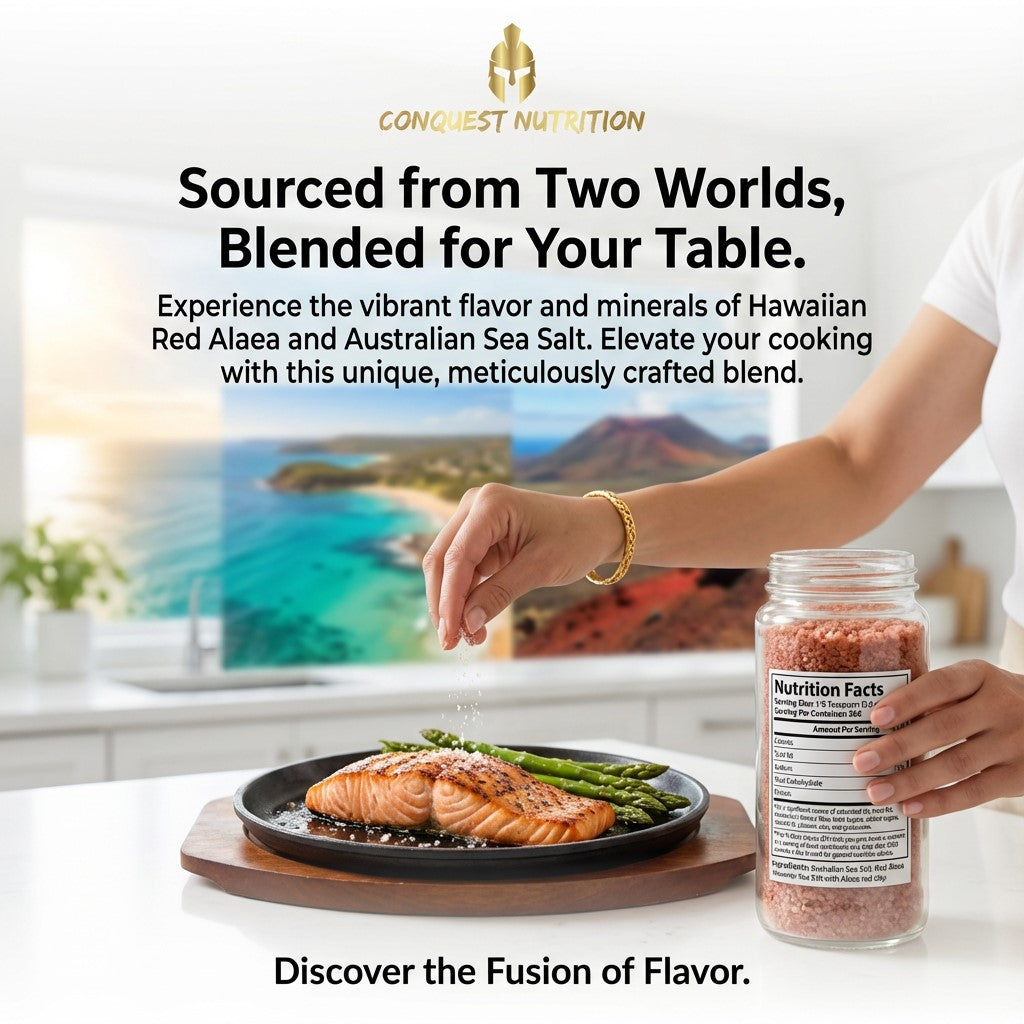 Person holding a jar of Conquest Nutrition seasoning with a plate of salmon and asparagus in a kitchen setting.