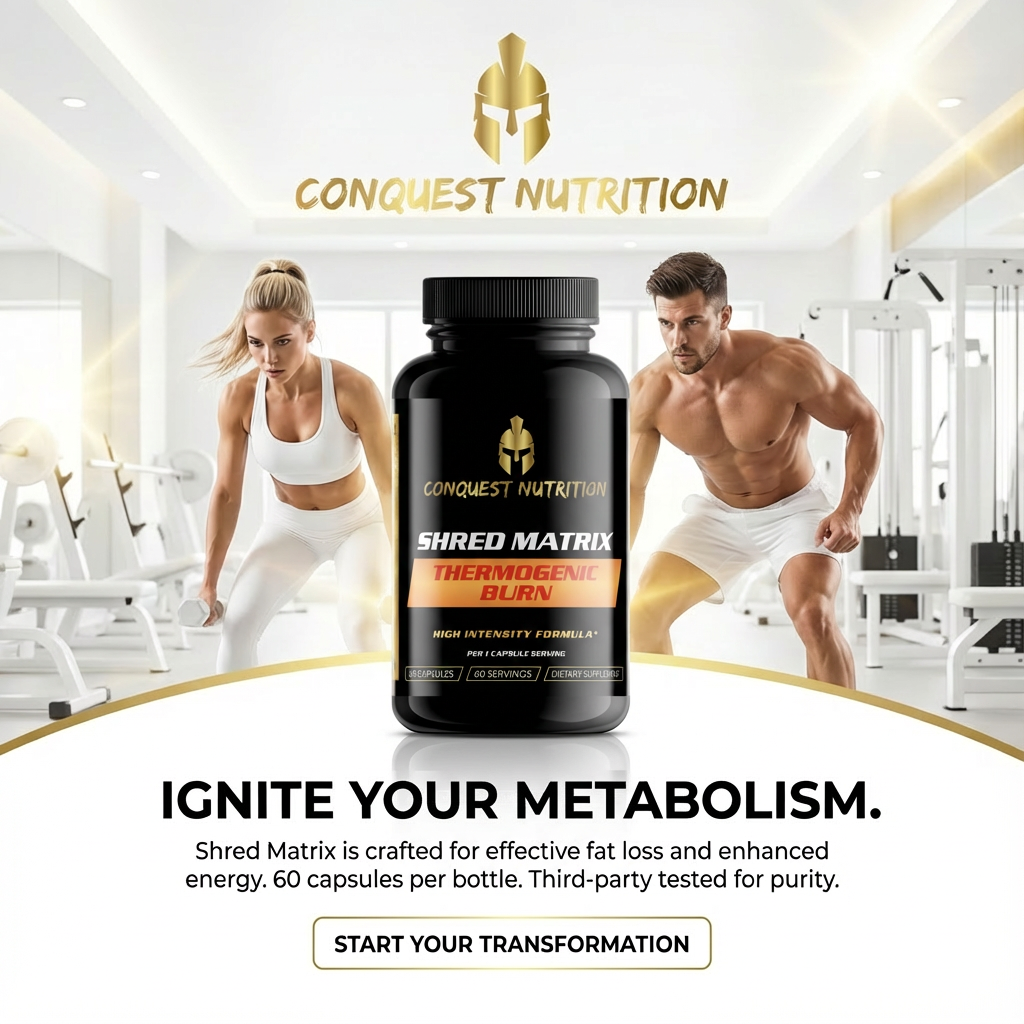 Conquest Nutrition Shred Matrix supplement bottle with a gym setting in the background
