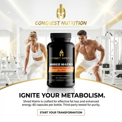 Conquest Nutrition Shred Matrix supplement bottle with a gym setting in the background