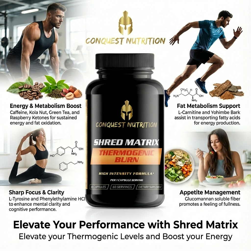 Conquest Nutrition Shred Matrix supplement bottle with lifestyle images and product details.