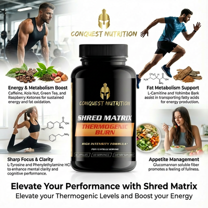 Conquest Nutrition Shred Matrix supplement bottle with lifestyle images and product details.