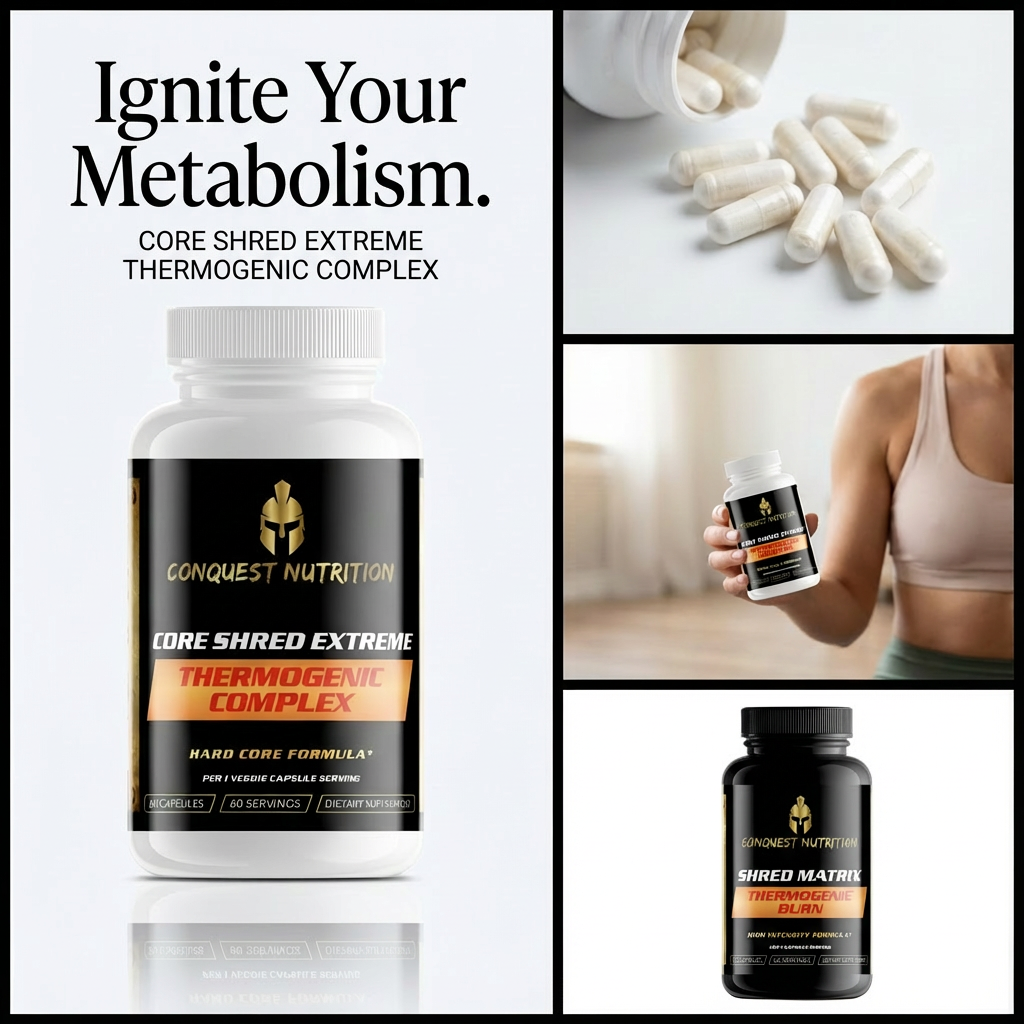 Advertisement for Conquest Nutrition Core Shred Extreme Thermogenic Complex with product images and text.
