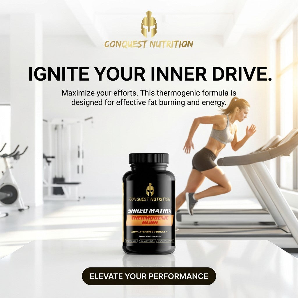 Conquest Nutrition supplement bottle with a woman running in the background