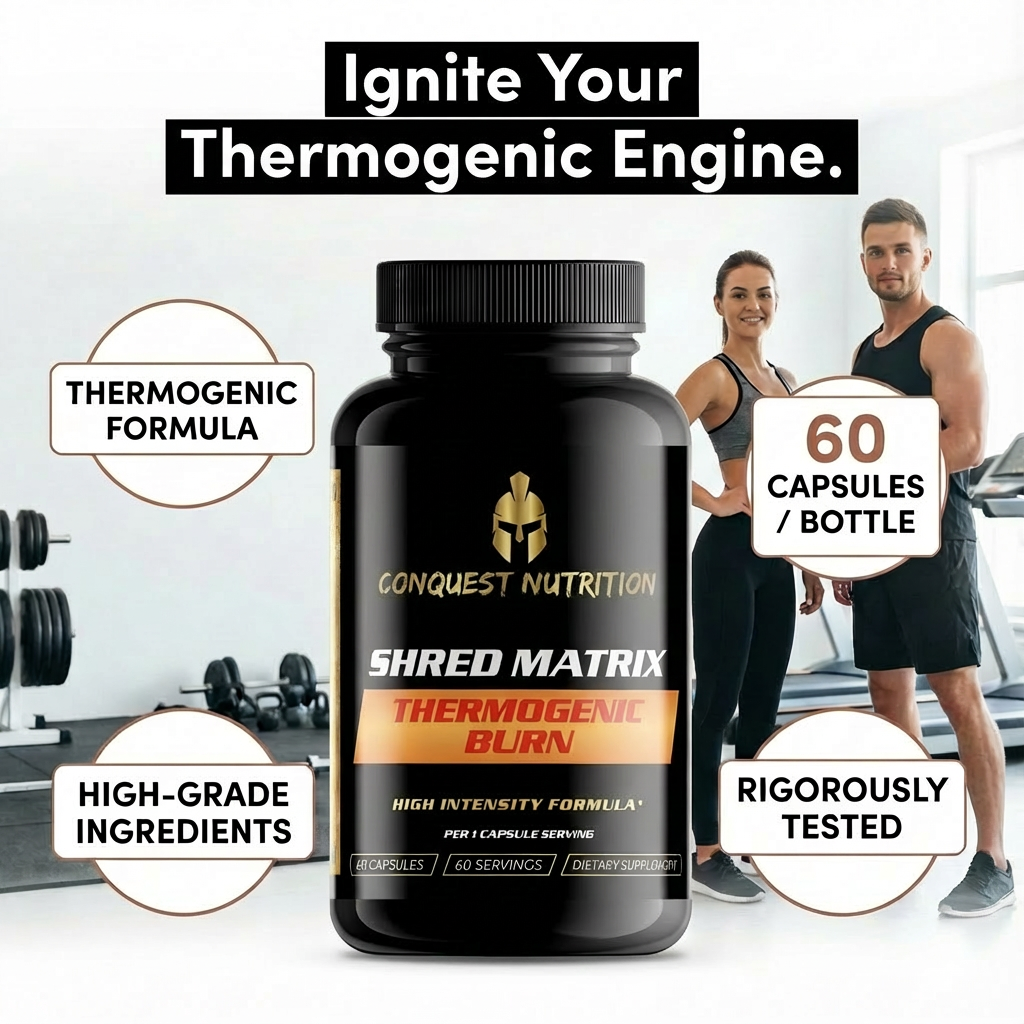 Conquest Nutrition Shred Matrix thermogenic supplement with a man and woman in a gym setting.
