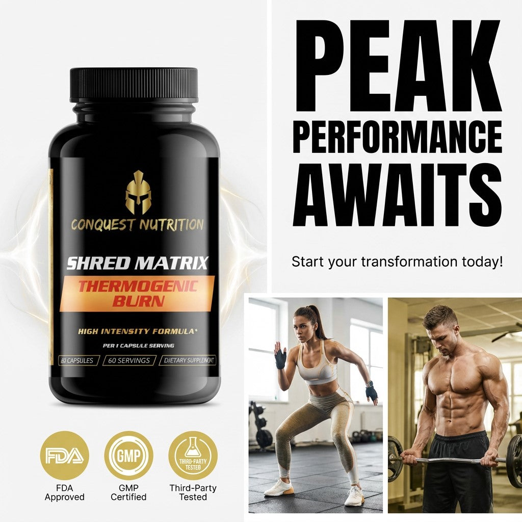 Conquest Nutrition Shred Matrix supplement bottle with fitness images and text 'Peak Performance Awaits'.