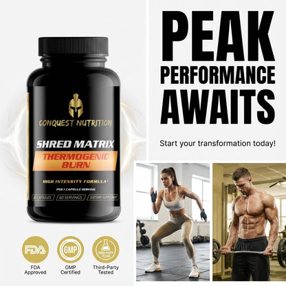 Conquest Nutrition Shred Matrix supplement bottle with fitness images and text 'Peak Performance Awaits'.