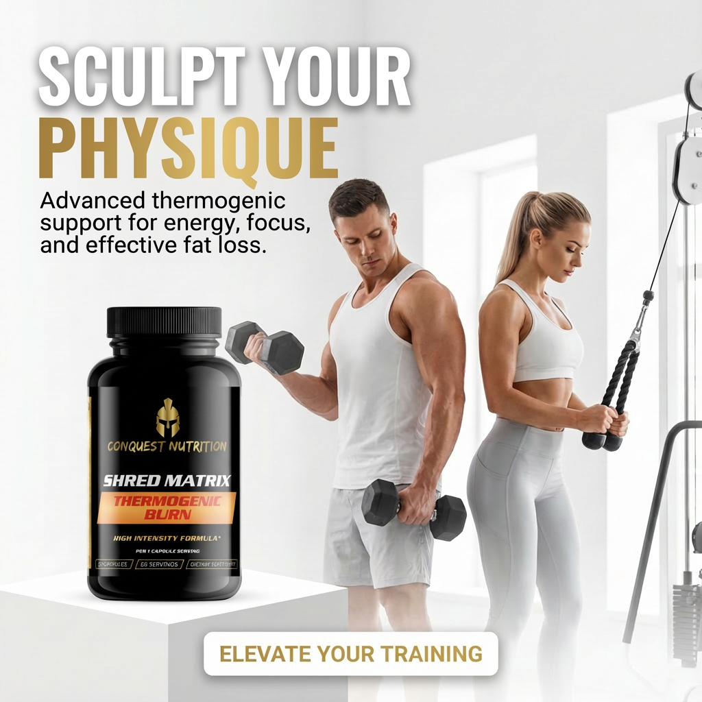 Advertisement for Conquest Nutrition Shred Matrix thermogenic supplement with a man and woman exercising.