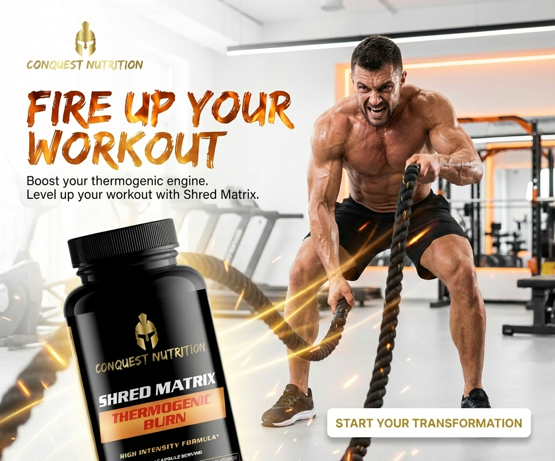 Advertisement for Conquest Nutrition Shred Matrix thermogenic supplement with a man working out in a gym.