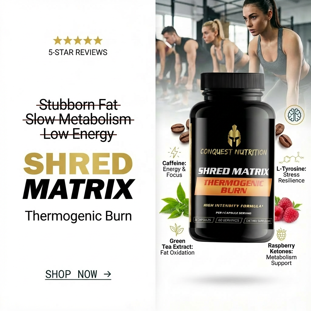 Conquest Nutrition Shred Matrix supplement bottle with promotional text and images of people exercising.