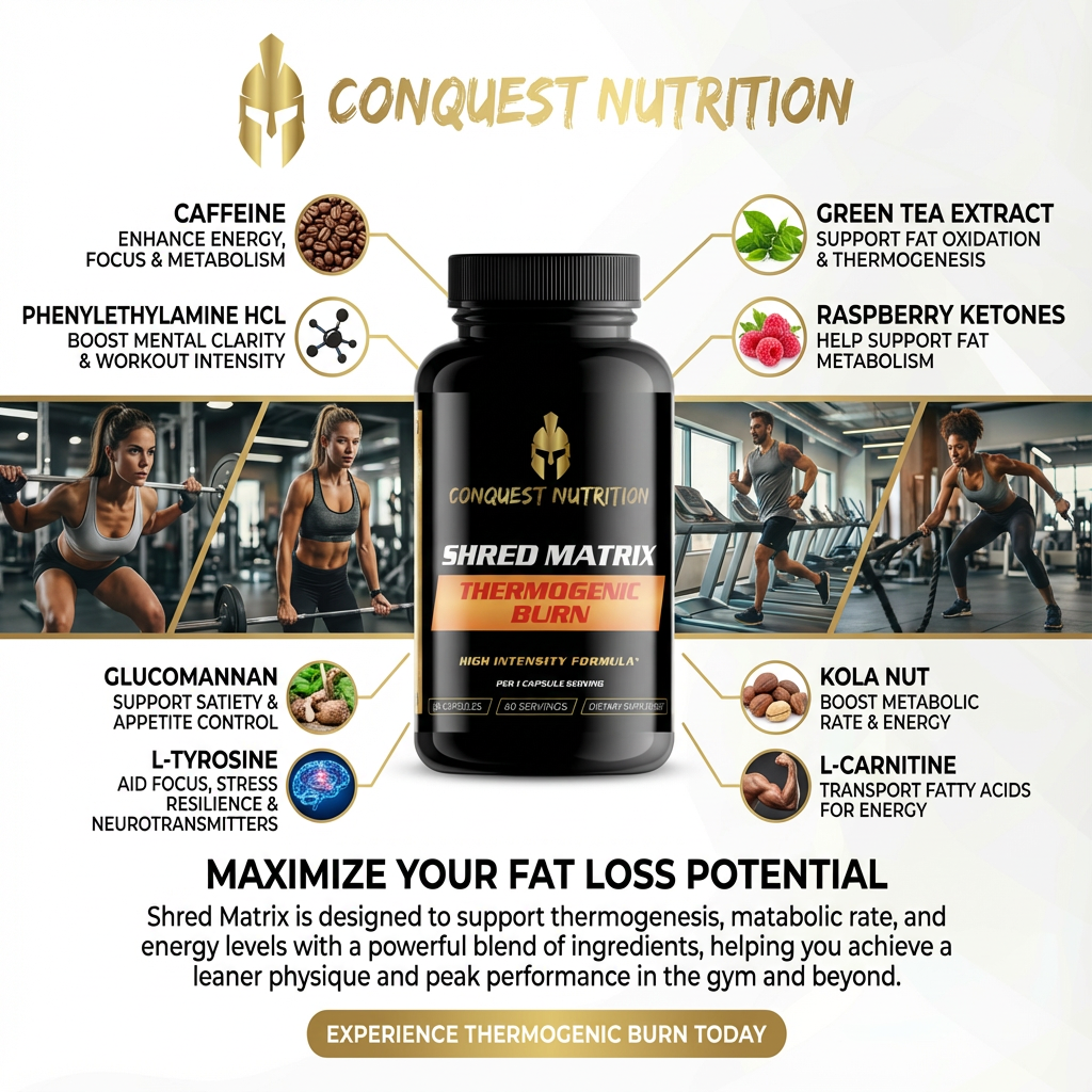 Conquest Nutrition Shred Matrix supplement bottle with gym background and product features.
