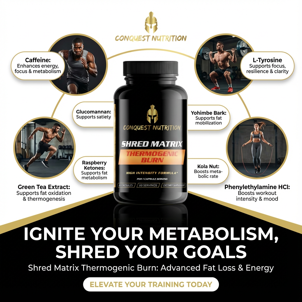 Conquest Nutrition Shred Matrix Thermogenic Burn supplement bottle with feature highlights on a white background