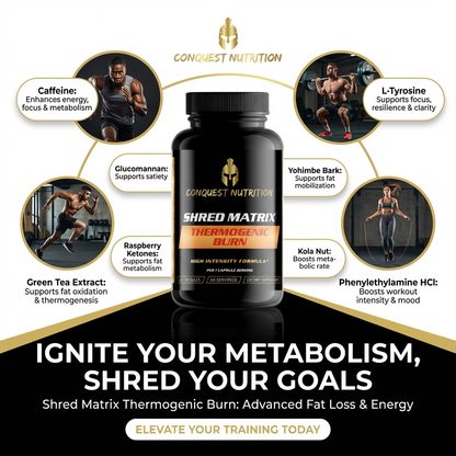 Conquest Nutrition Shred Matrix Thermogenic Burn supplement bottle with feature highlights on a white background