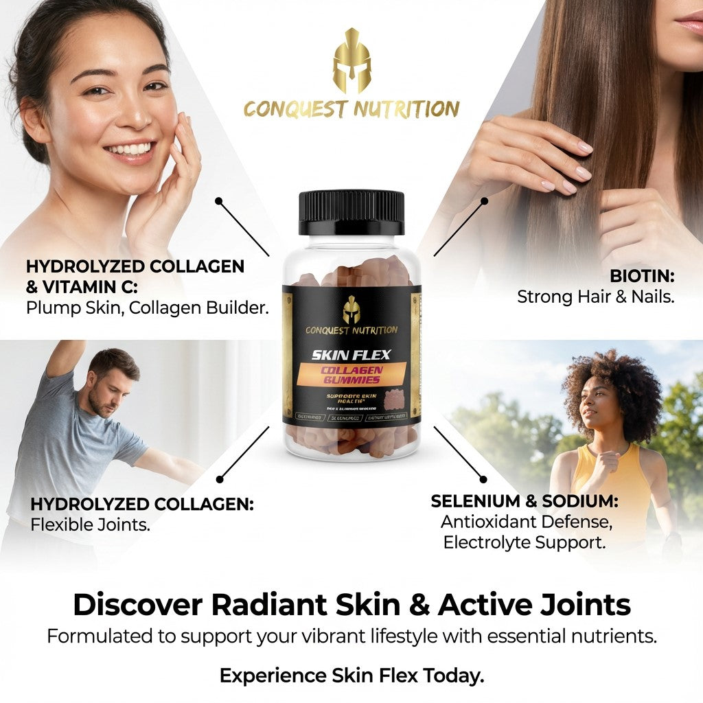Advertisement for Conquest Nutrition Skin Flex supplement with images of people and text about product benefits.