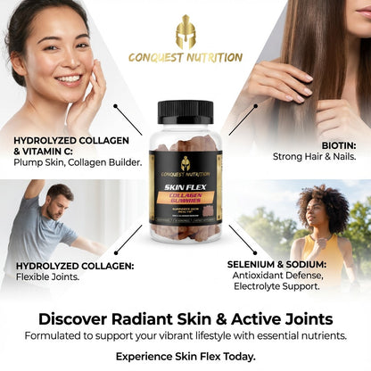 Advertisement for Conquest Nutrition Skin Flex supplement with images of people and text about product benefits.