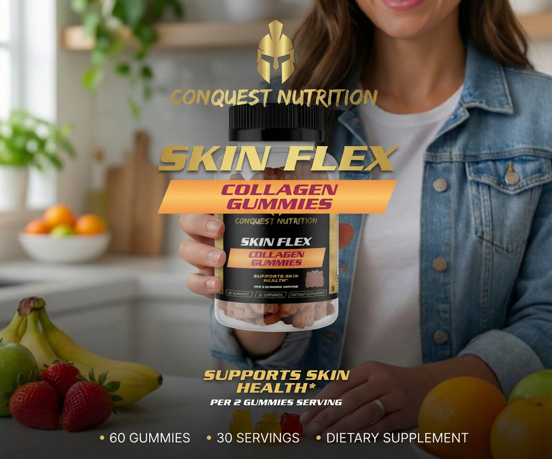 Person holding a bottle of Conquest Nutrition Skin Flex Collagen Gummies in a kitchen setting.